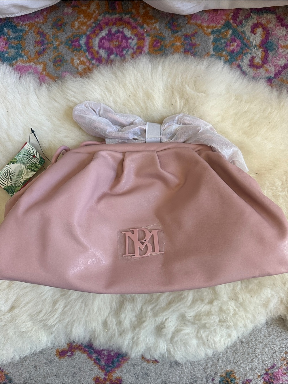 Badgley Mischka Pink Ruched Clutch Vegan Leather Chain Strap Slouchy Bag - Picture 2 of 7